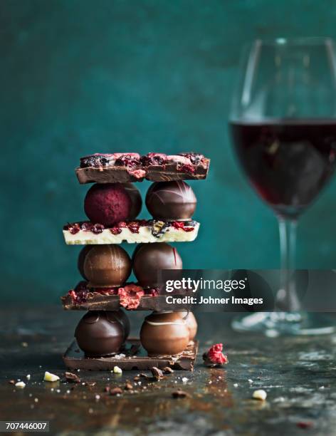 chocolate and chocolate truffles - empty wine glass top stock pictures, royalty-free photos & images