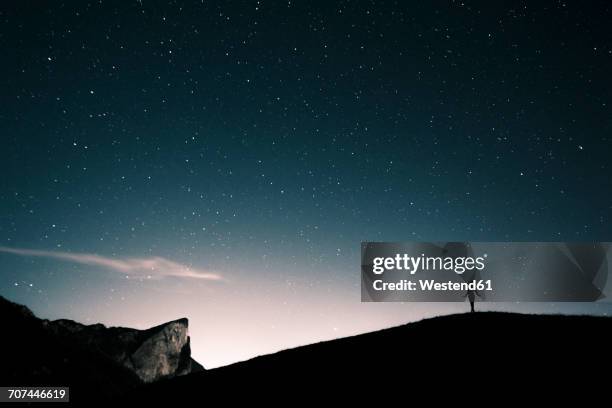 austria, mondsee, silhouette of woman standing under starry sky - zauberkugel stock-fotos und bilder