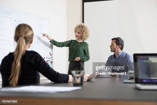 woman in boardroom leading a presentation - woman whiteboard stock-fotos und bilder