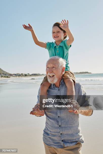 portrait of senior man with happy grandson on his shoulders on the beach - bära på axlarna bildbanksfoton och bilder