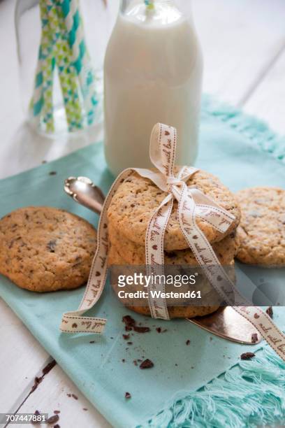 stack of flapjacks with chocolate chips and bottle of milk - chocolate milk bottle stock pictures, royalty-free photos & images