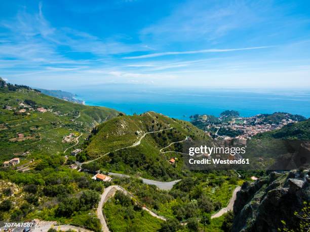 italy, sicily, castelmola, view above the mountains - castelmola stock pictures, royalty-free photos & images