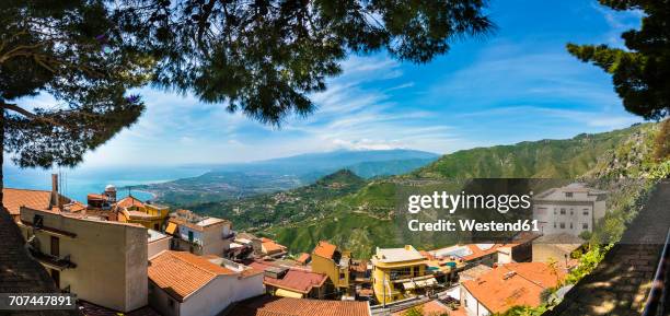 italy, sicily, castelmola, view above the old town to the bay of giardini naxos - castelmola stock pictures, royalty-free photos & images