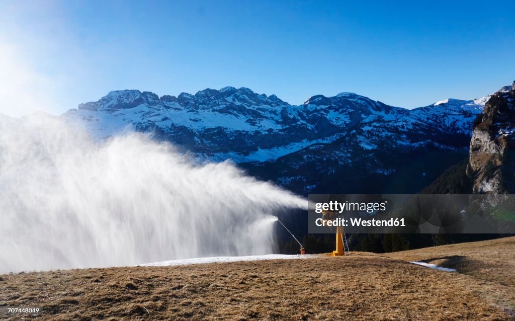 Switzerland, Portes du Soleil, Champery, active snow cannon