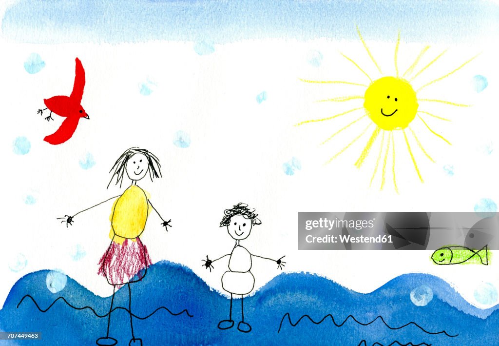 Children's drawing of happy mother with child on vacation