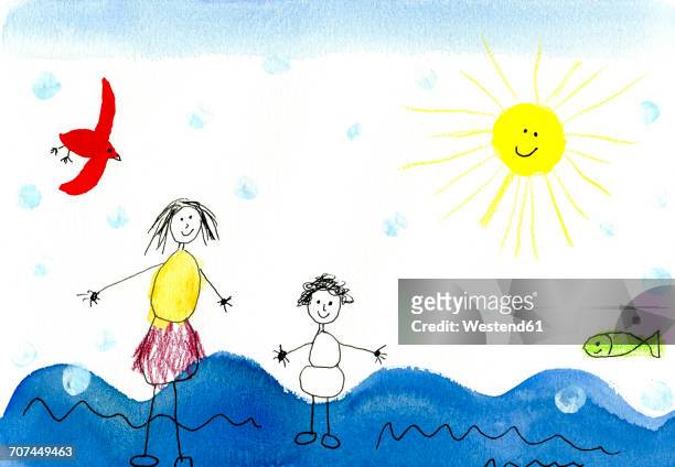 children's drawing of happy mother with child on vacation - eltern stock-grafiken, -clipart, -cartoons und -symbole