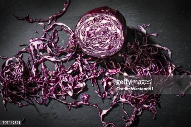 grated red cabbage on slate - red cabbage stock pictures, royalty-free photos & images