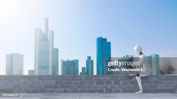 robot sitting on wall using laptop in front of skyline - laptop outside stock illustrations