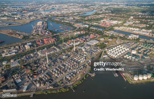 germany, hamburg, aerial view of harbor industrial area - zona industrial imagens e fotografias de stock