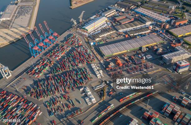 germany, hamburg, aerial view of container terminal tollerort - port of hamburg stock pictures, royalty-free photos & images