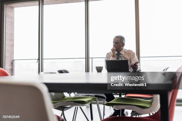 senior manager in office using laptop looking worried - stress management stockfoto's en -beelden