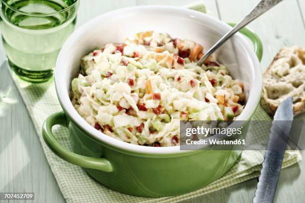 pot of coleslaw apple salad - coleslaw stock pictures, royalty-free photos & images