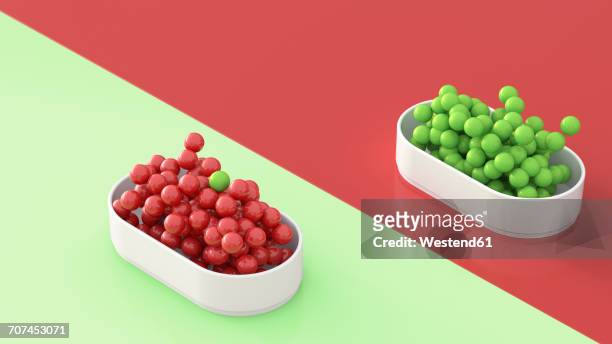 Green and red spheres in bowls, 3D Rendering
