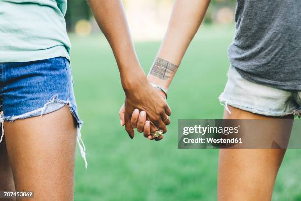 two women holding hands in a park - women in daisy dukes stockfoto's en -beelden