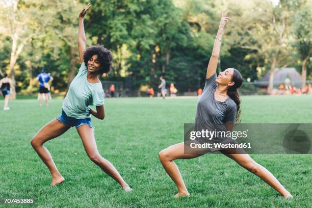 two young women doing yoga exercise in a park - barefoot outside stock pictures, royalty-free photos & images