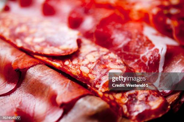 slices of spanish salami and italian ham, close-up - ham salami bildbanksfoton och bilder