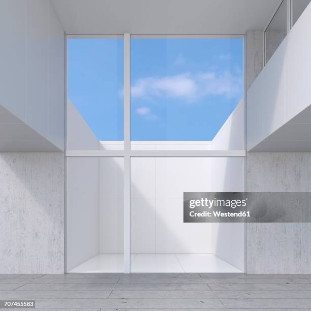 empty room with glass wall to atrium, 3d rendering - granite rock stock illustrations