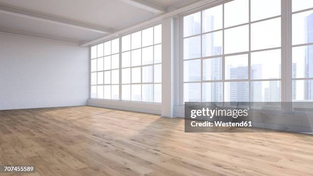 empty loft with view at skyline, 3d rendering - holzboden stock-grafiken, -clipart, -cartoons und -symbole