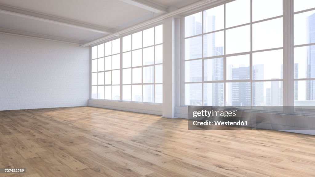 Empty loft with view at skyline, 3D Rendering