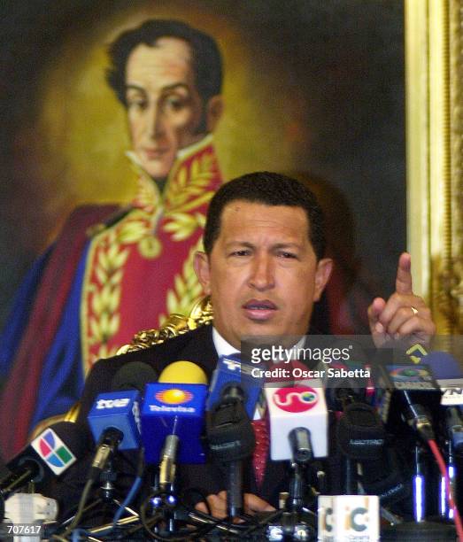 Venezuelan President Hugo Chavez speaks during a news conference at Miraflores Presidential Palace April 15, 2002 in Caracas, Venezuela. Chavez was...