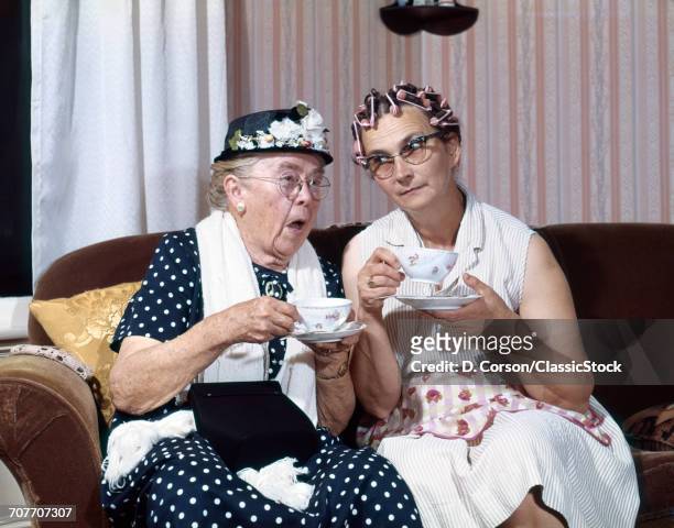 Two ELDERLY DRINKING TEA GOSSIPING HAIR IN CURLERS