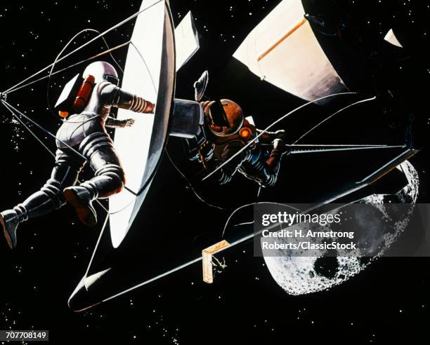 1960s NASA ILLUSTRATION ASTRONAUTS WORKING DURING SPACE SHIP EVA WEARING SPACESUITS