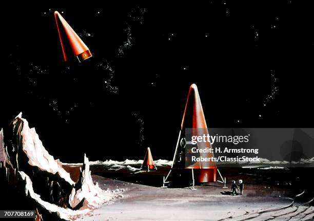 1960s NASA DRAWING CONE SHAPED SPACESHIP PLANET ASTRONAUTS EXPLORATION SCIENCE FICTION SC-FI SPACE TRAVEL