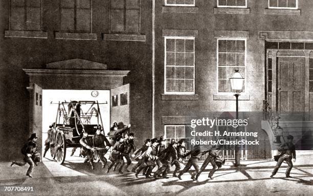 1850s 1854 CURRIER & IVES NIGHT ALARM ENGRAVING OF LIFE OF FIREMEN PULLING HAND PUMP FIRE ENGINE OUT OF STATION