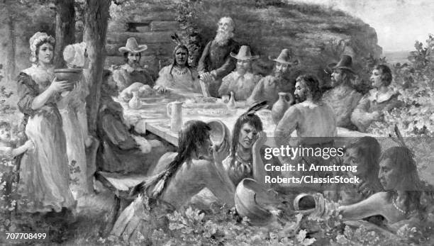 THE FIRST THANKSGIVING DECEMBER 13 1621 PILGRIMS SHARING HARVEST MEAL WITH NATIVE AMERICAN INDIANS PLYMOUTH COLONY MASSACHUSETTS