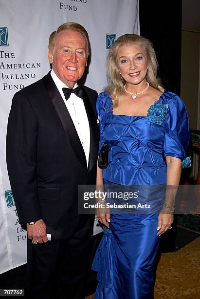 Sportscaster Vin Scully and his wife Sandra attend the American Ireland Fund Gala April 17, 2002 in Los Angeles, CA.