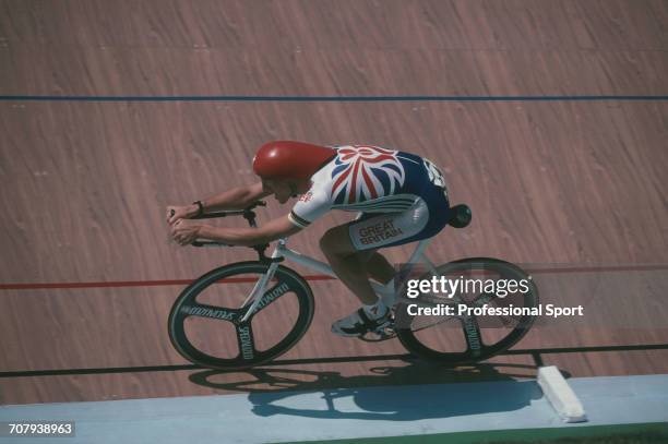 Scottish cyclist Graeme Obree pictured in action for Great Britain during competition in the Men's Individual Pursuit Cycling event at the 1996...