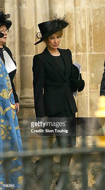Actress Felicity Kendall, wearing mourning attire, leaves after a memorial service for Princess Margaret April 19, 2002 at Westminster Abbey in...