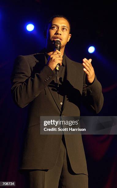 Golfer Tiger Woods addresses the crowd at the fifth annual Tiger Woods Foundation "Tiger Jam" fundraiser at the Mandalay Bay Resort April 20, 2002 in...