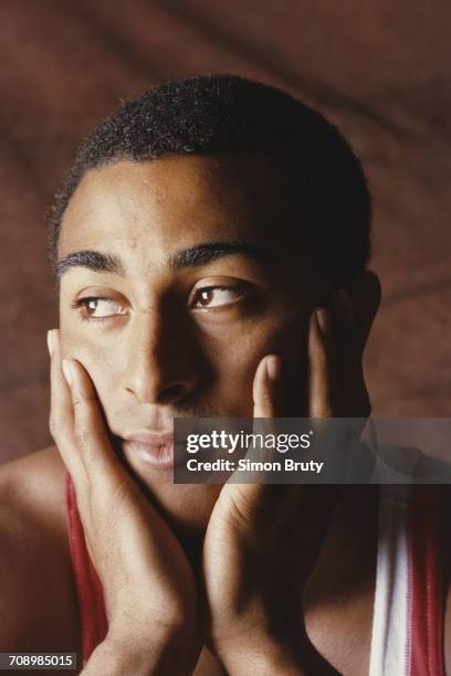 Portrait of 110 metre hurdler Colin Jackson of Great Britain on 1 June 1987 at the Allsport studio in London, United Kingdom.