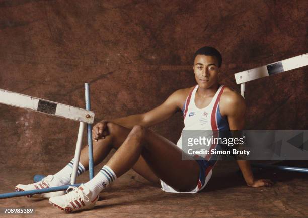Portrait of 110 metre hurdler Colin Jackson of Great Britain on 1 June 1987 at the Allsport studio in London, United Kingdom.