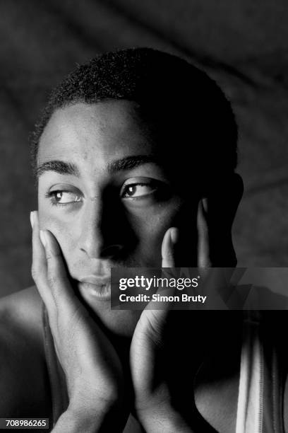 Portrait of 110 metre hurdler Colin Jackson of Great Britain on 1 June 1987 at the Allsport studio in London, United Kingdom.