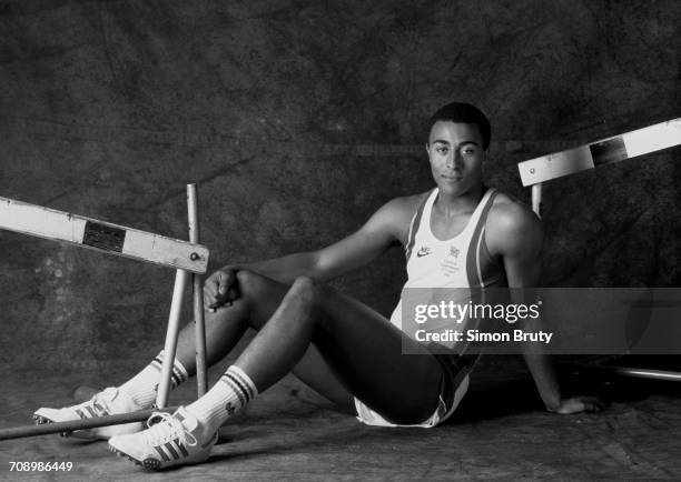 Portrait of 110 metre hurdler Colin Jackson of Great Britain on 1 June 1987 at the Allsport studio in London, United Kingdom.