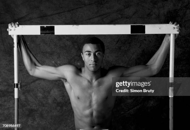 Portrait of 110 metre hurdler Colin Jackson of Great Britain on 1 June 1987 at the Allsport studio in London, United Kingdom.