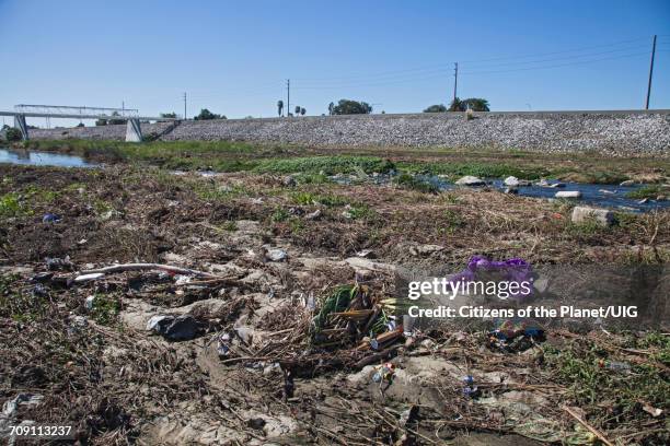 los angeles river near willow street - los angeles river trash stockfoto's en -beelden