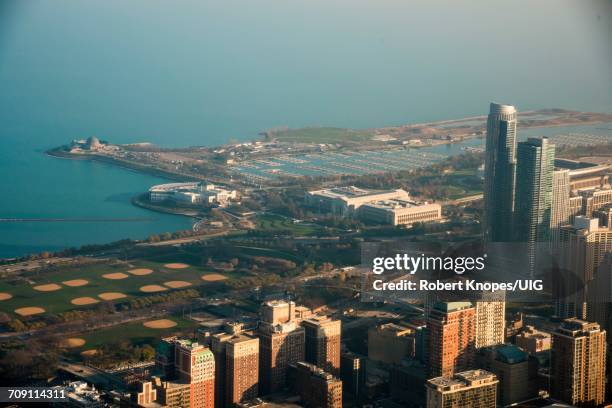 field museum, shedd aquarium, adler planetarium and grant park, chicago - adler planetarium stock pictures, royalty-free photos & images