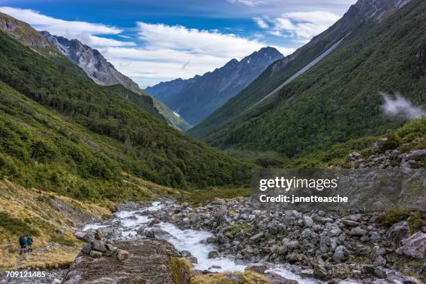 two women hiking in nelson lakes national park, tasman, south island, new zealand - nelson new zealand stock-fotos und bilder