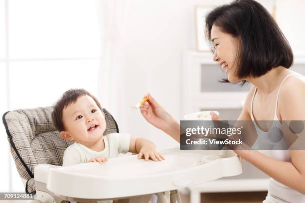 mother feeding baby in high chair - asian spoon feeding stock pictures, royalty-free photos & images