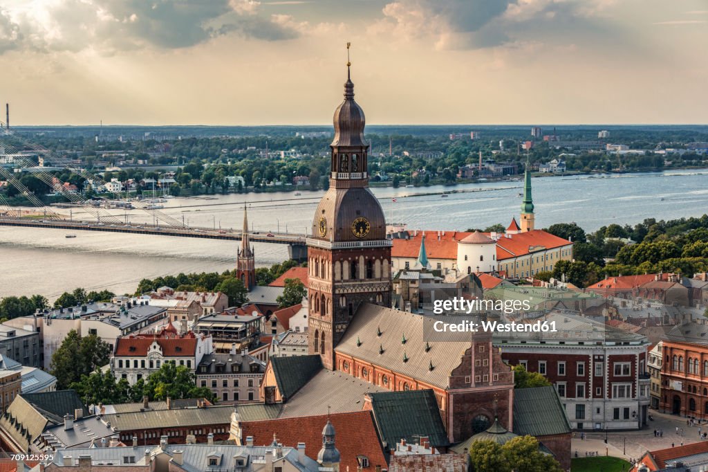 Latvia, Riga, cityscape with cathedral, castle and Vansu Bridge