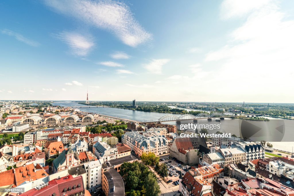 Latvia, Riga, cityscape with old town, and bridges over Daugava River