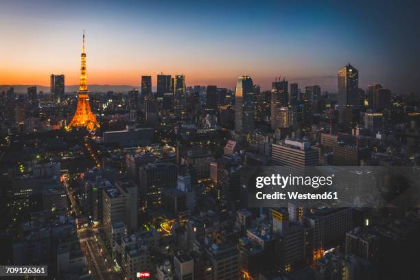 japan, tokyo, skyline with illuminated tokyo tower as seen from world trade center - tokyo world trade center photos et images de collection