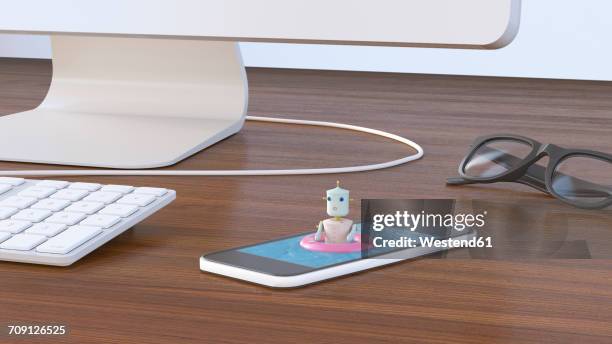 female robot bathing in cell phone, 3d rendering - clearing table stock illustrations