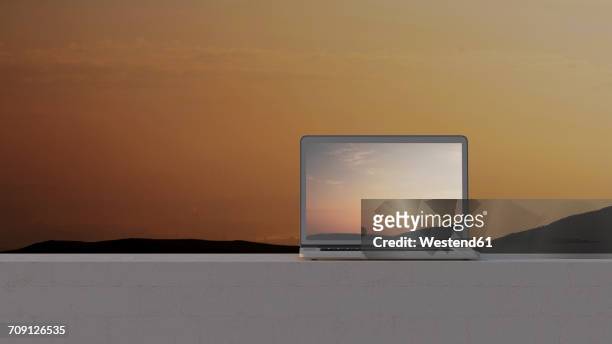 laptop on wall at sunset, 3d rendering - at the edge of stock illustrations