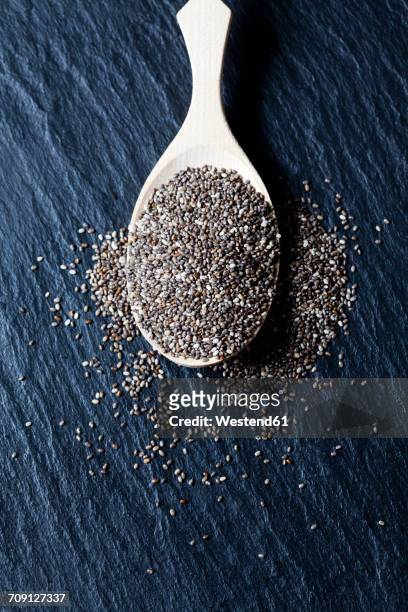 wooden spoon of black chia seeds on slate - chiasamen stock-fotos und bilder
