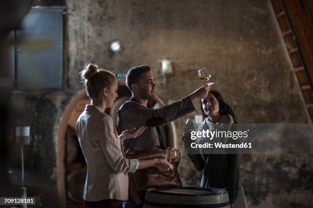 people in distillery tasing whiskey - destilería fotografías e imágenes de stock