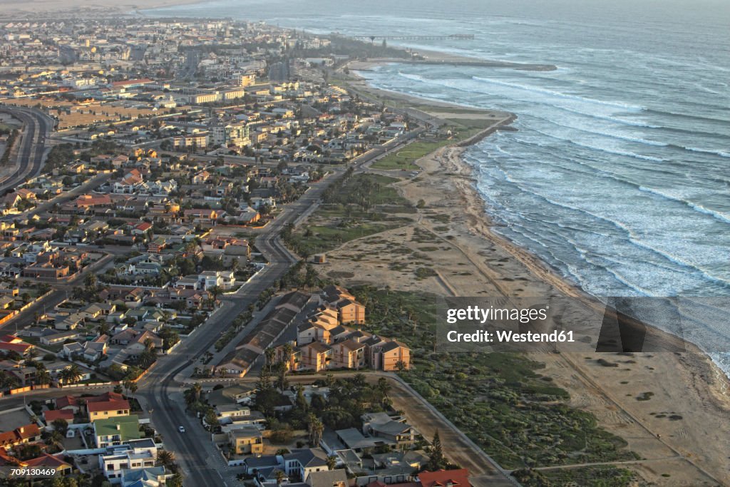 Namibia, Skeleton Coast, aerial view of Walvis Bay